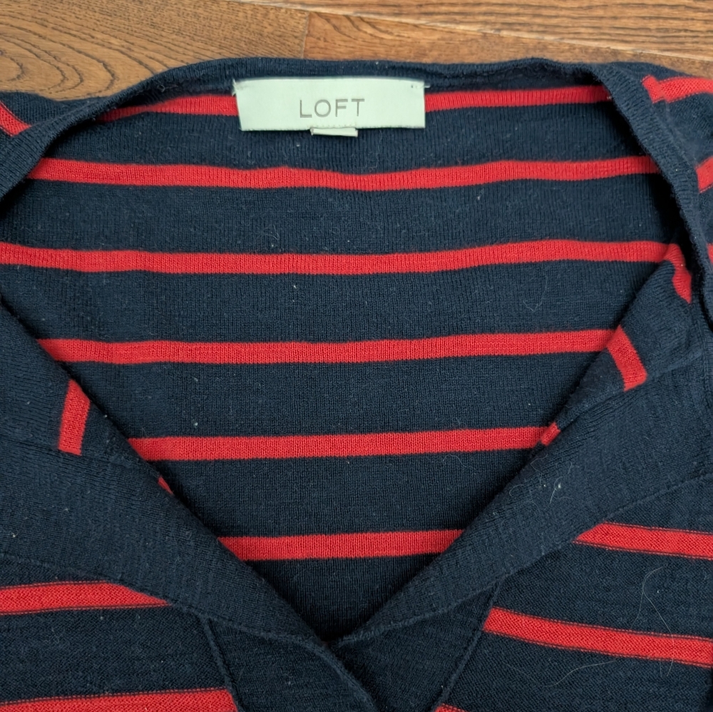Ann Taylor LOFT Red & Navy Stripe Pullover Lightweight  Sweater Tie Neck Sz S - Picture 5 of 8